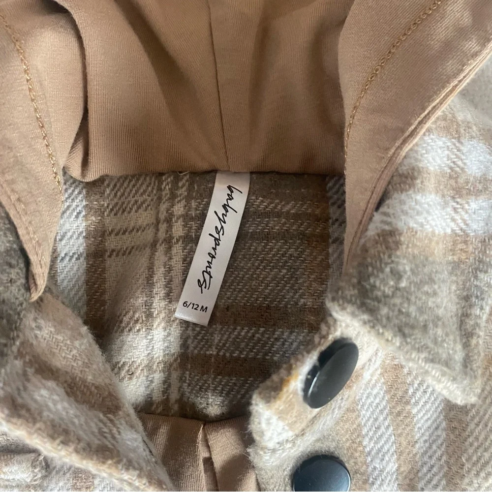 Babysprouts Plaid Hooded Shacket in Beige and Cream 6-12M